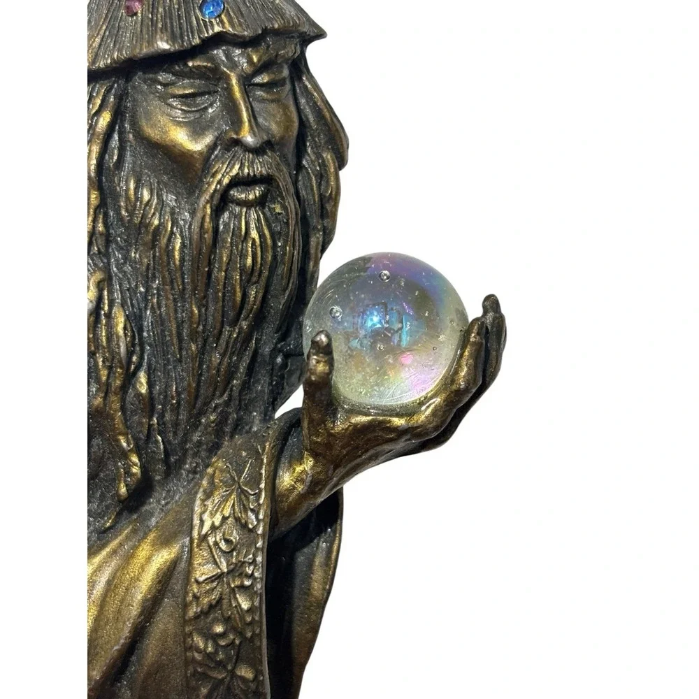 Vintage JJ Jonette Pewter Wizard Merlin Crystal Ball Orb Rhinestone Brooch Pin